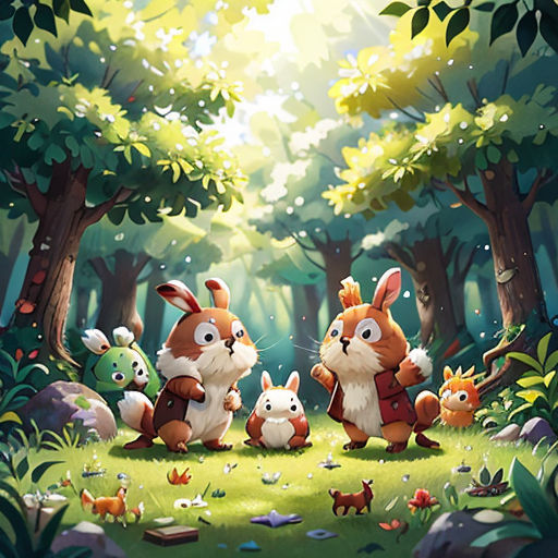 a group of animals standing in the middle of a forest with trees and grass in the background, with a sun shining through the trees