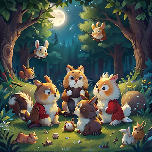 a group of animals sitting in the middle of a forest under a full moon with a forest scene in the background