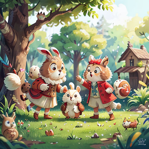 a group of animals standing in the grass near a tree and a house in the background with a forest