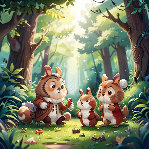 a cartoon of a forest with two cats and a squirrel in the foreground and a forest with trees and leaves