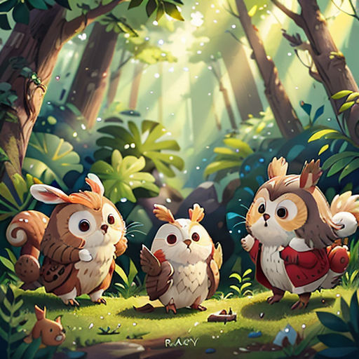 a group of owls standing in the middle of a forest with trees and grass on the ground, with sunlight streaming through the trees