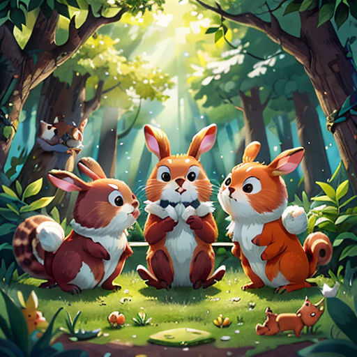 three rabbits in the forest with a squirrel and a squirrel on the ground in front of them, and a squirrel on the ground in the background
