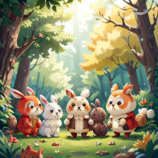 a group of rabbits standing in the woods together with a forest background behind them, with a forest scene in the background