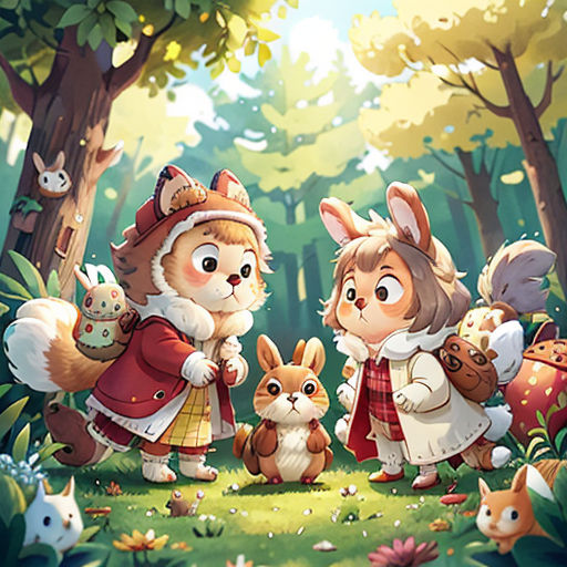a group of animals standing in the woods together with a forest background and trees in the background, with a forest scene in the background