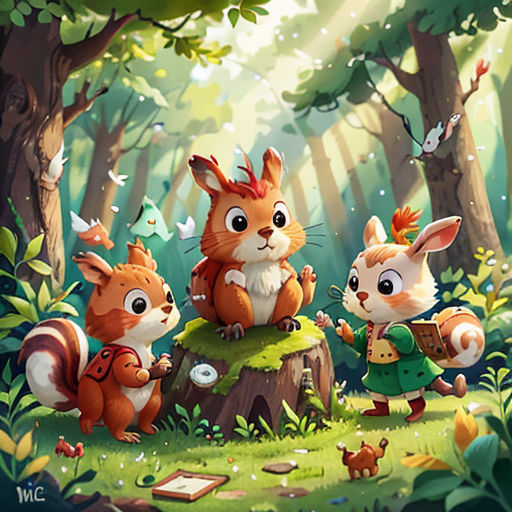 a group of animals standing in the forest together, surrounded by trees and grass, with a forest background