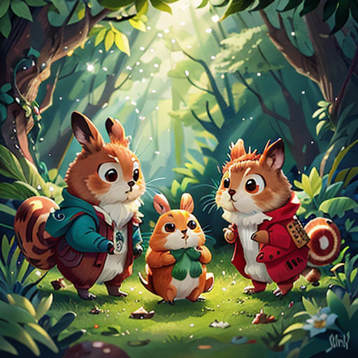 a group of animals standing in the middle of a forest with a light shining through the trees behind them