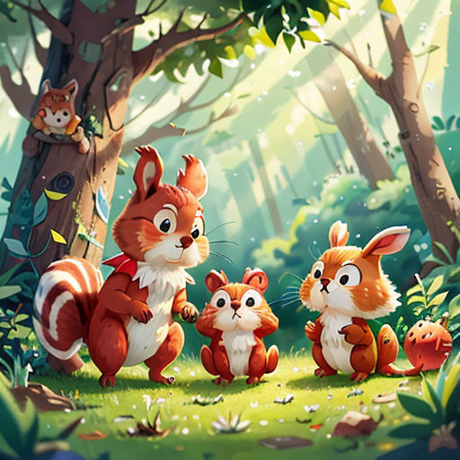 a group of animals standing in the middle of a forest with trees and grass on either side of them