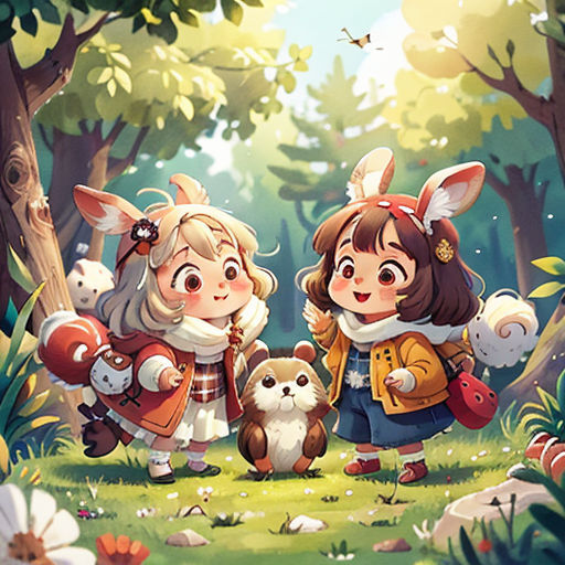 two girls and a dog in a forest with trees and flowers on the ground, one girl is holding a teddy bear
