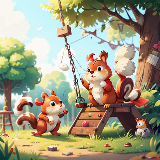 a squirrel and squirrelling are on a swing in the forest, with a squirrel on the swing, and a squirrel on the ground