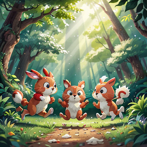 three rabbits running through a forest with sunlight shining through the trees and leaves on the ground, with a path leading to them