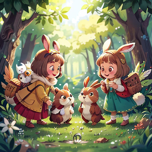 a group of children in the woods with rabbits and rabbits on the ground, and a girl in a green dress