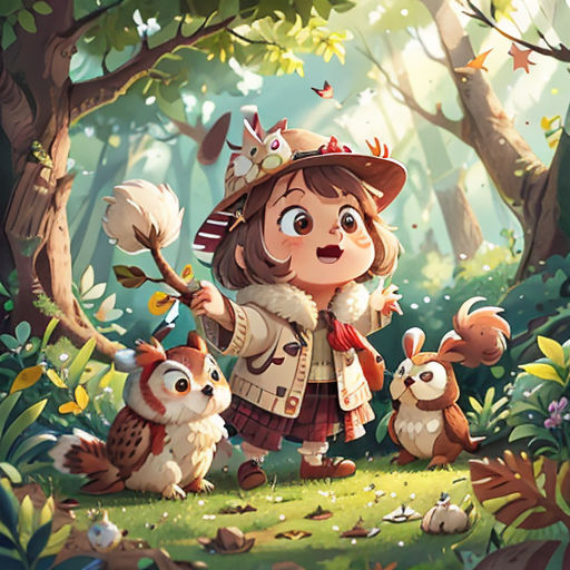 a girl in a forest with two owls and a bird on her hand and a bird on her shoulder