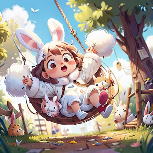 a girl in a bunny suit is sitting in a hammock with her rabbits in the background and a tree
