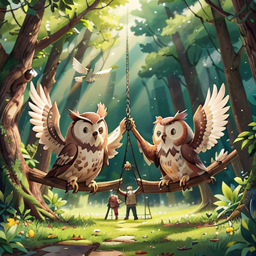 two owls sitting on a swing in the forest with a man standing next to them and a bird flying above them