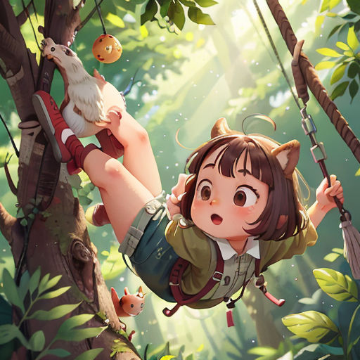 a girl is swinging on a tree with a cat on her back and a mouse on her shoulder, in the middle of a forest
