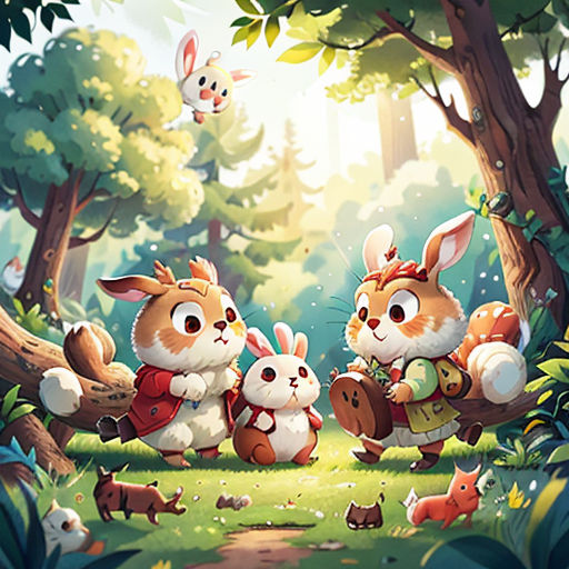 a group of rabbits in the woods with a rabbit holding a bag and a rabbit holding a bag with a rabbit on it