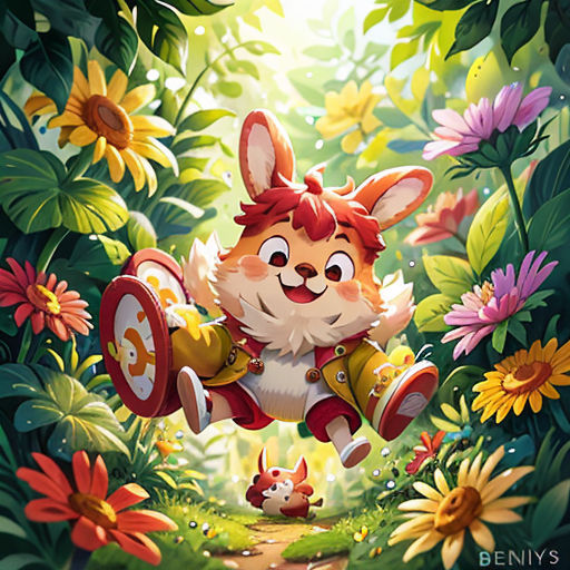 a cartoon character flying through a forest filled with flowers and plants, with a squirrel on the ground and a squirrel on the ground