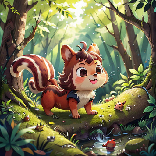 a cartoon squirrel in the forest with a frog and a frog on the ground in front of it,