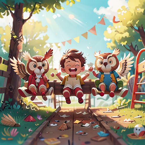 a group of cartoon animals sitting on top of a wooden bench in a park next to a playground with a playground slide