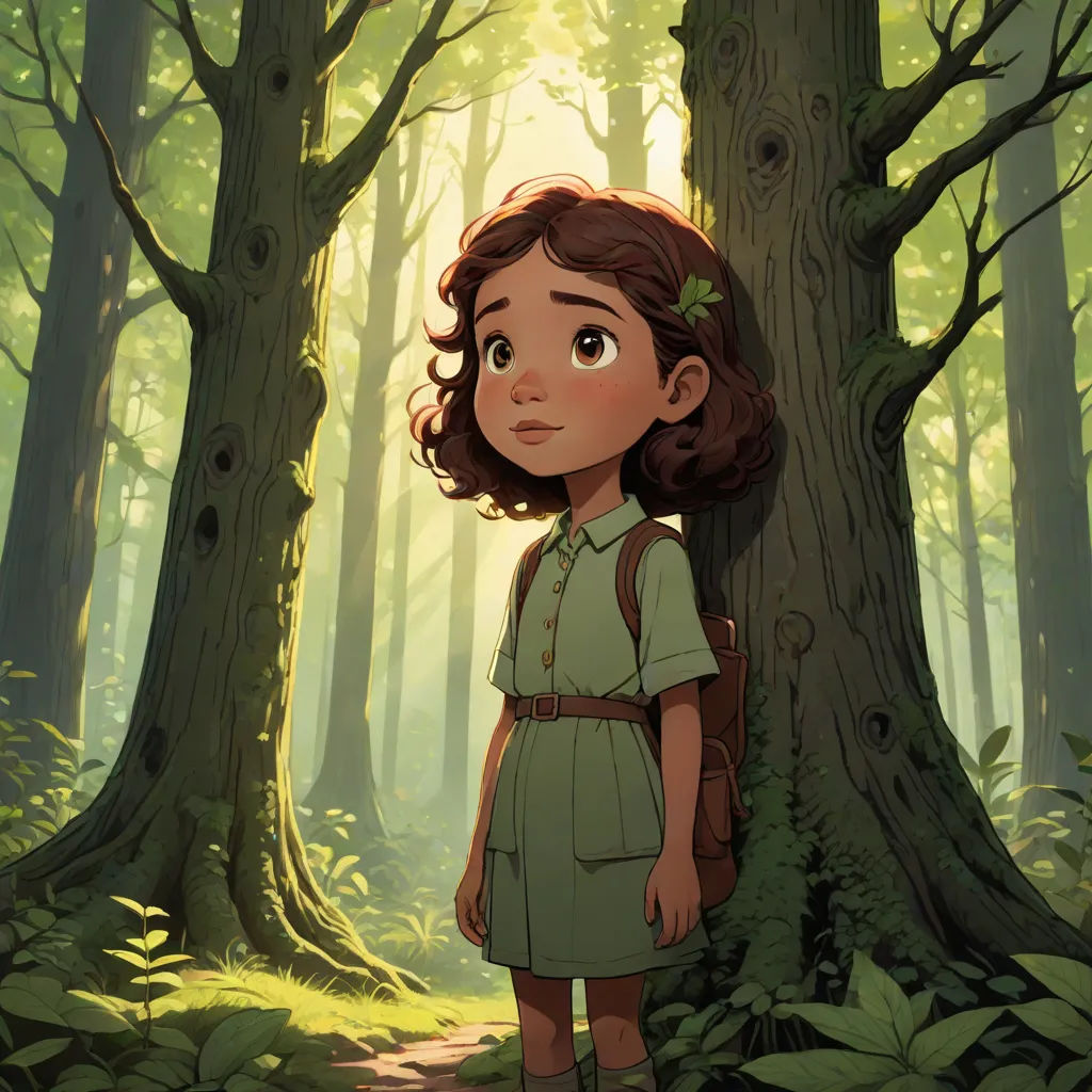 a girl standing in the woods with a backpack on her back and a forest background with trees and grass, promotional image, environmental art, a storybook illustration, Clarice Beckett