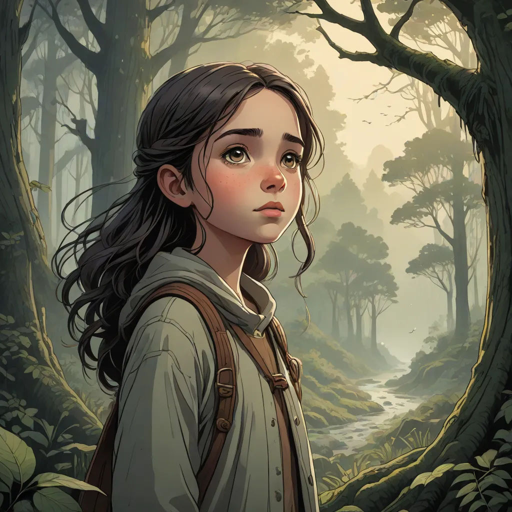 a girl in a forest with a backpack looking at the camera and a path leading to a forest with trees, cushart krenz, fantasy art, a storybook illustration, Craig Davison