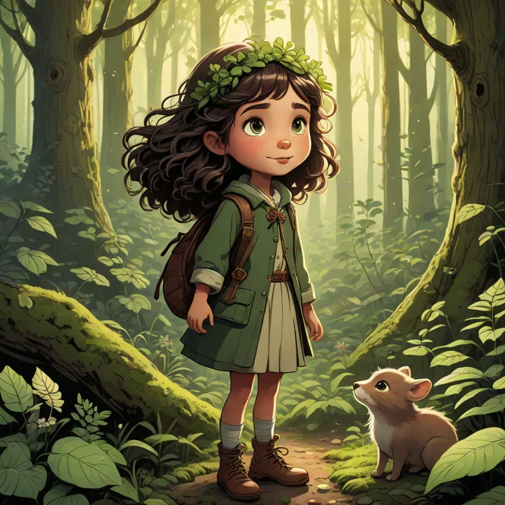 a girl in a forest with a small animal in front of her and a forest background with a forest scene, official art, fantasy art, a storybook illustration, Cliff Childs
