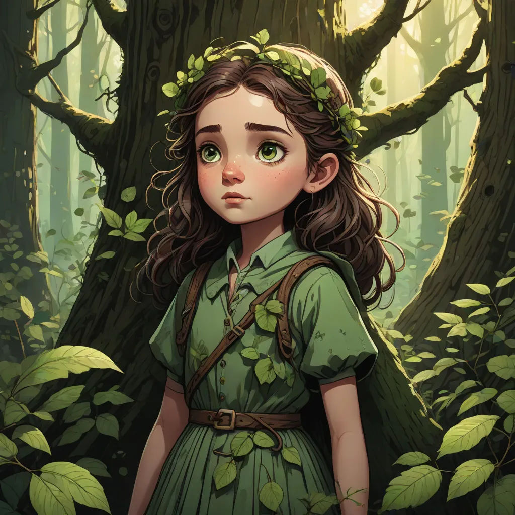 a girl in a green dress standing in a forest with a tree in her hand and a wreath on her head, cushart krenz, fantasy art, a storybook illustration, Brom