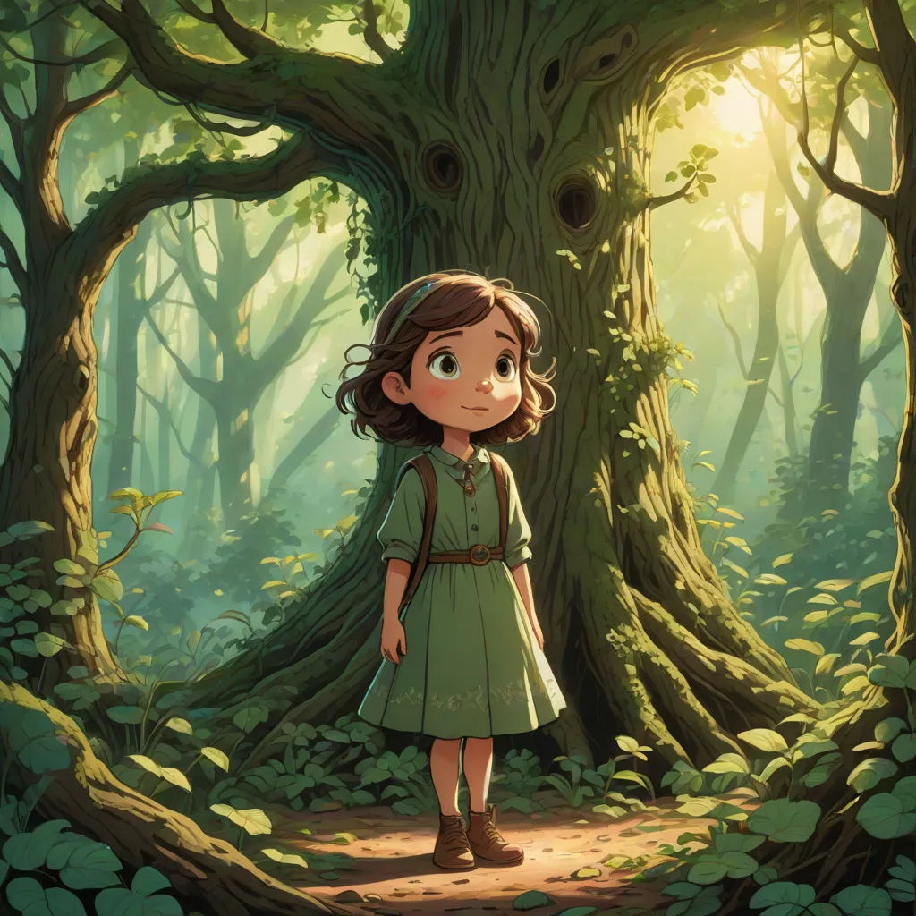 a girl standing in the middle of a forest with a tree in the background and sunlight shining through the trees, rossdraws global illumination, fantasy art, a storybook illustration, Clarice Beckett