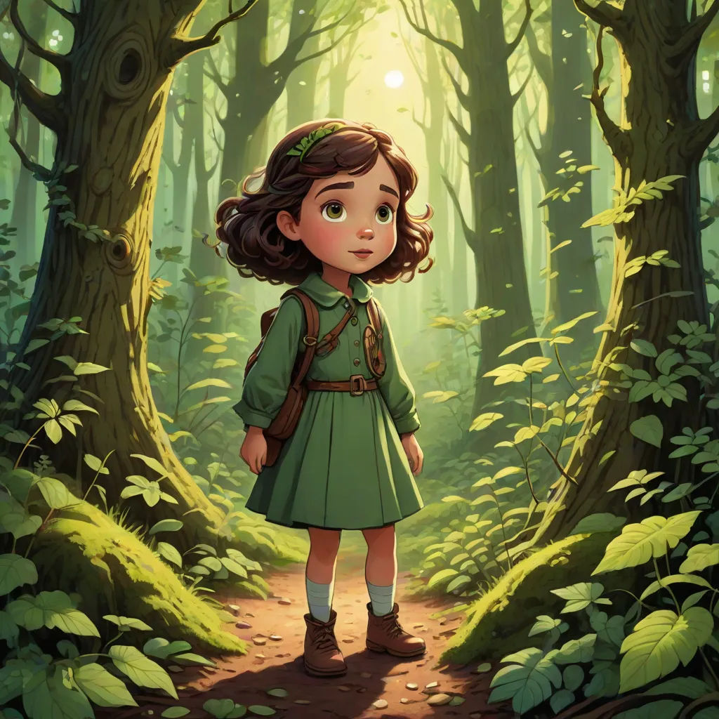 a little girl standing in the middle of a forest with a light shining through the trees on her head, official art, fantasy art, a storybook illustration, Clarice Beckett