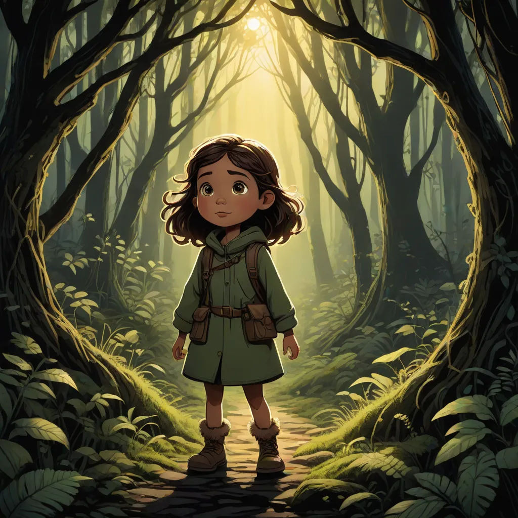 a girl in a forest with a light shining through the trees and leaves on the ground, with a backpack on her shoulder, promotional image, fantasy art, a storybook illustration, Diego Gisbert Llorens