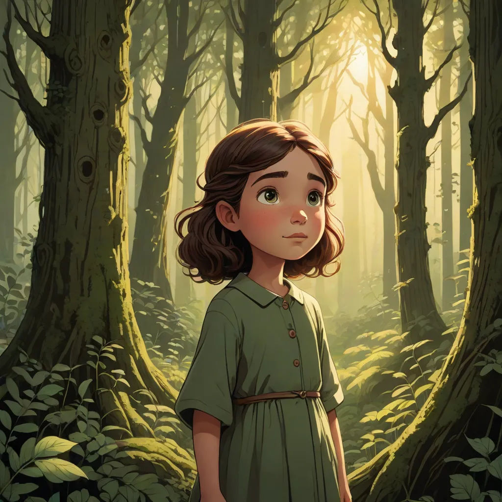 a painting of a girl in a forest with trees and ferns in the background, looking up at the sky, official art, fantasy art, a storybook illustration, Clarice Beckett