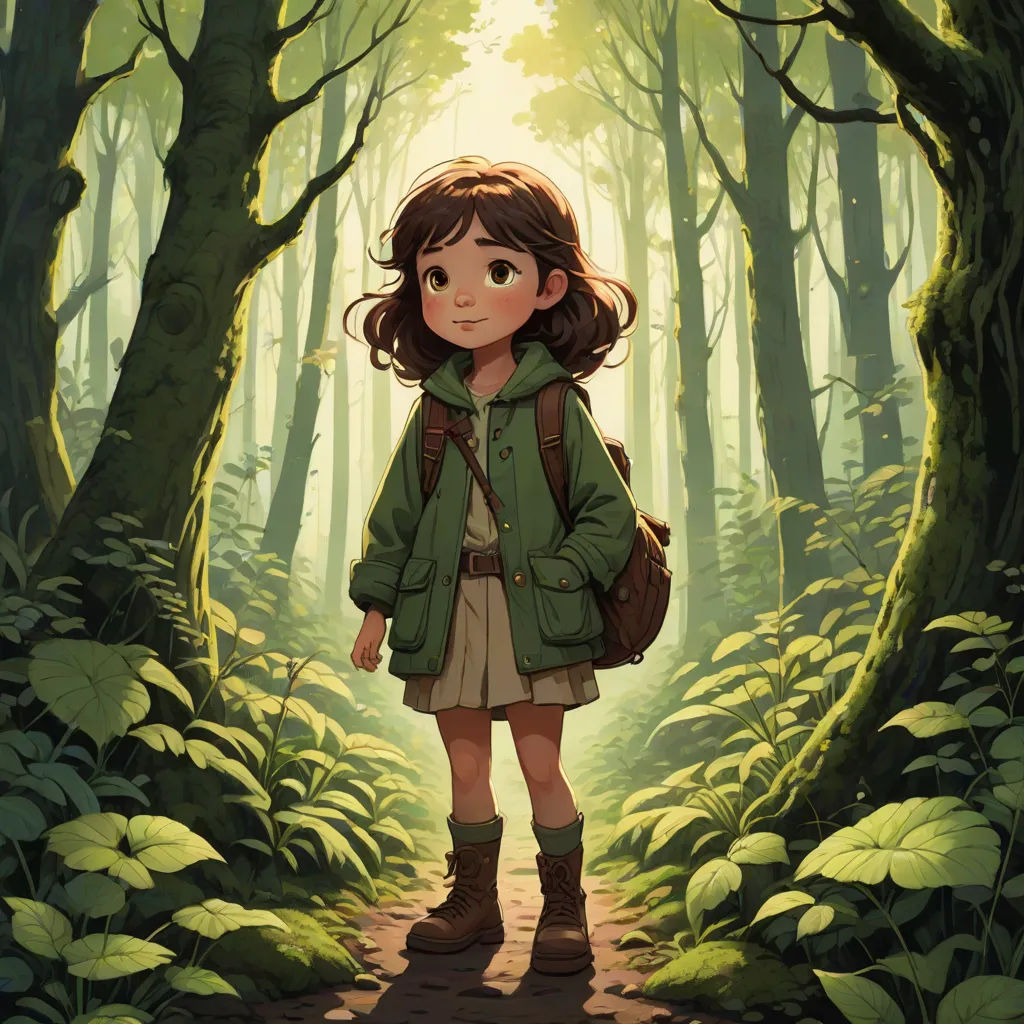 a girl in a green jacket standing in a forest with a backpack on her back and a backpack on her shoulder, cushart krenz, environmental art, a storybook illustration, Clarice Beckett