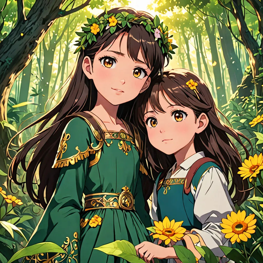two girls in a forest with sunflowers on their heads and one girl with long hair and a wreath of flowers, synthetism, concept art, Anne Said, official art
