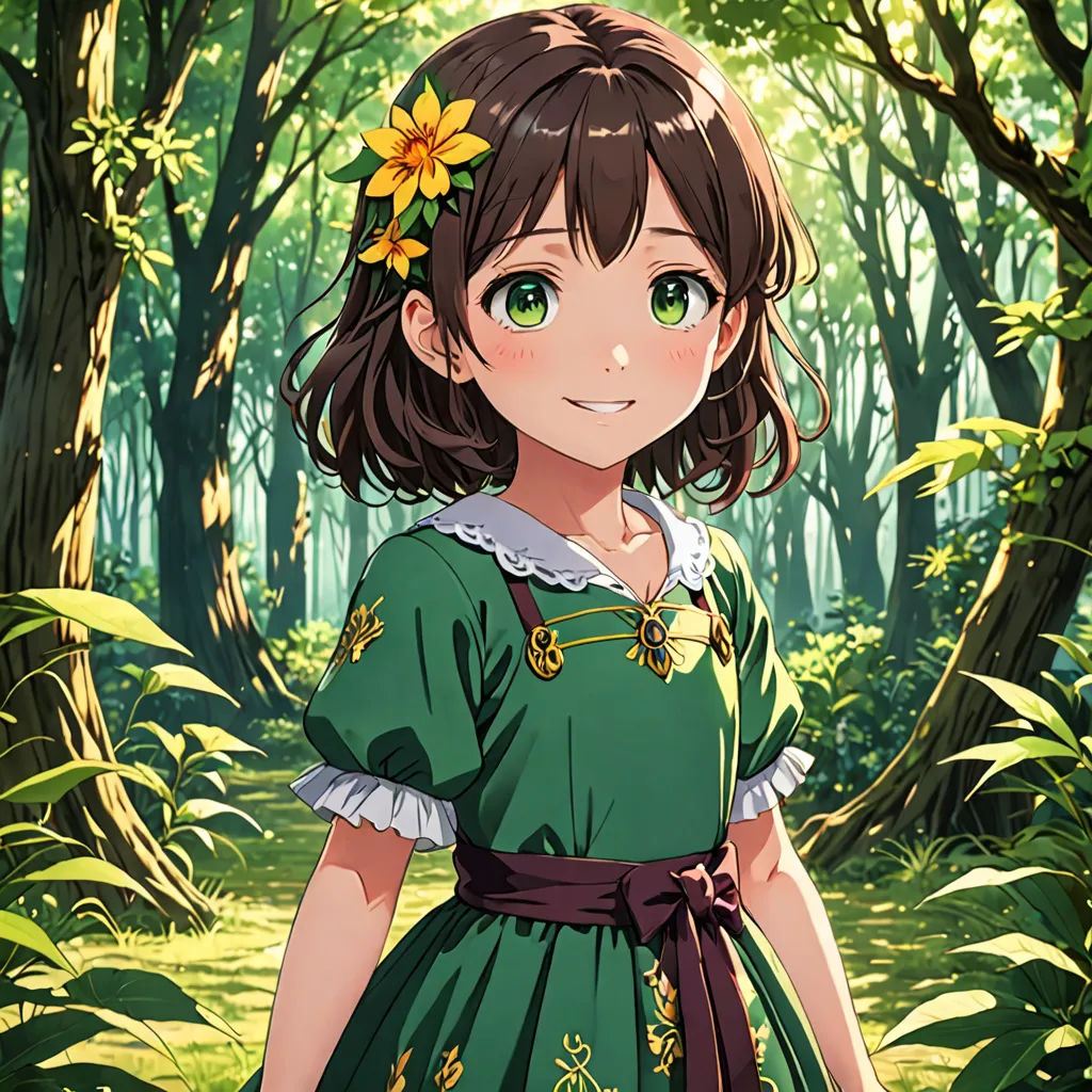a girl in a green dress standing in a forest with a flower in her hair and a flower in her hair, sots art, a character portrait, Ai-Mitsu, official art