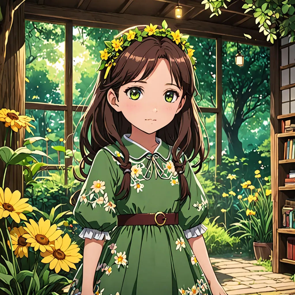 a girl in a green dress standing in front of a window with sunflowers in the background and a bookcase, naturalism, a character portrait, Anne Said, official art