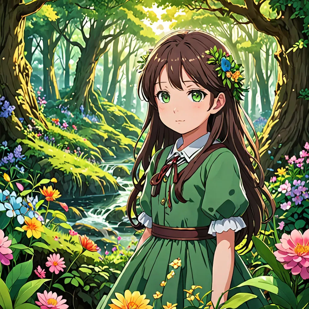 a girl in a green dress standing in a forest with flowers and trees around her, looking at the camera, environmental art, a character portrait, Anne Said, official art