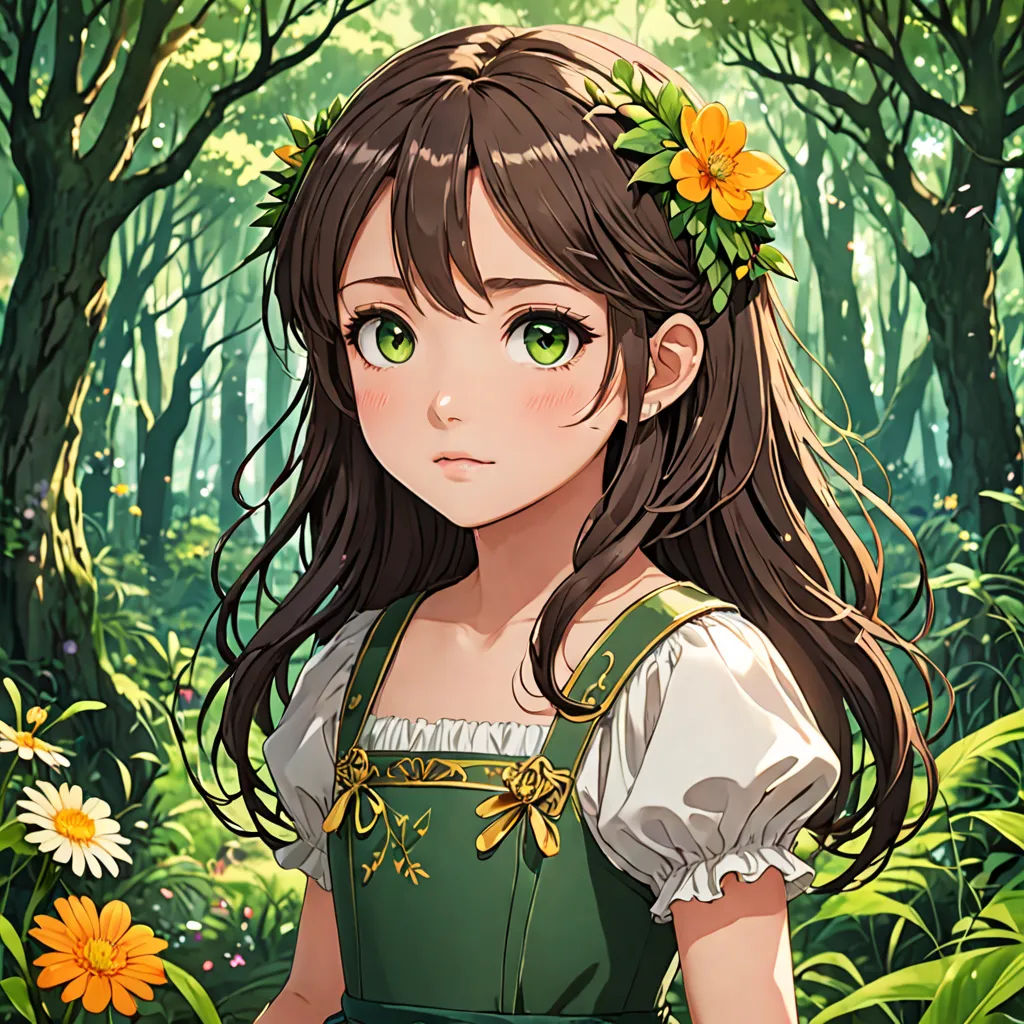 a girl in a green dress standing in a forest with flowers in her hair and a wreath on her head, sots art, a character portrait, Anne Said, official art