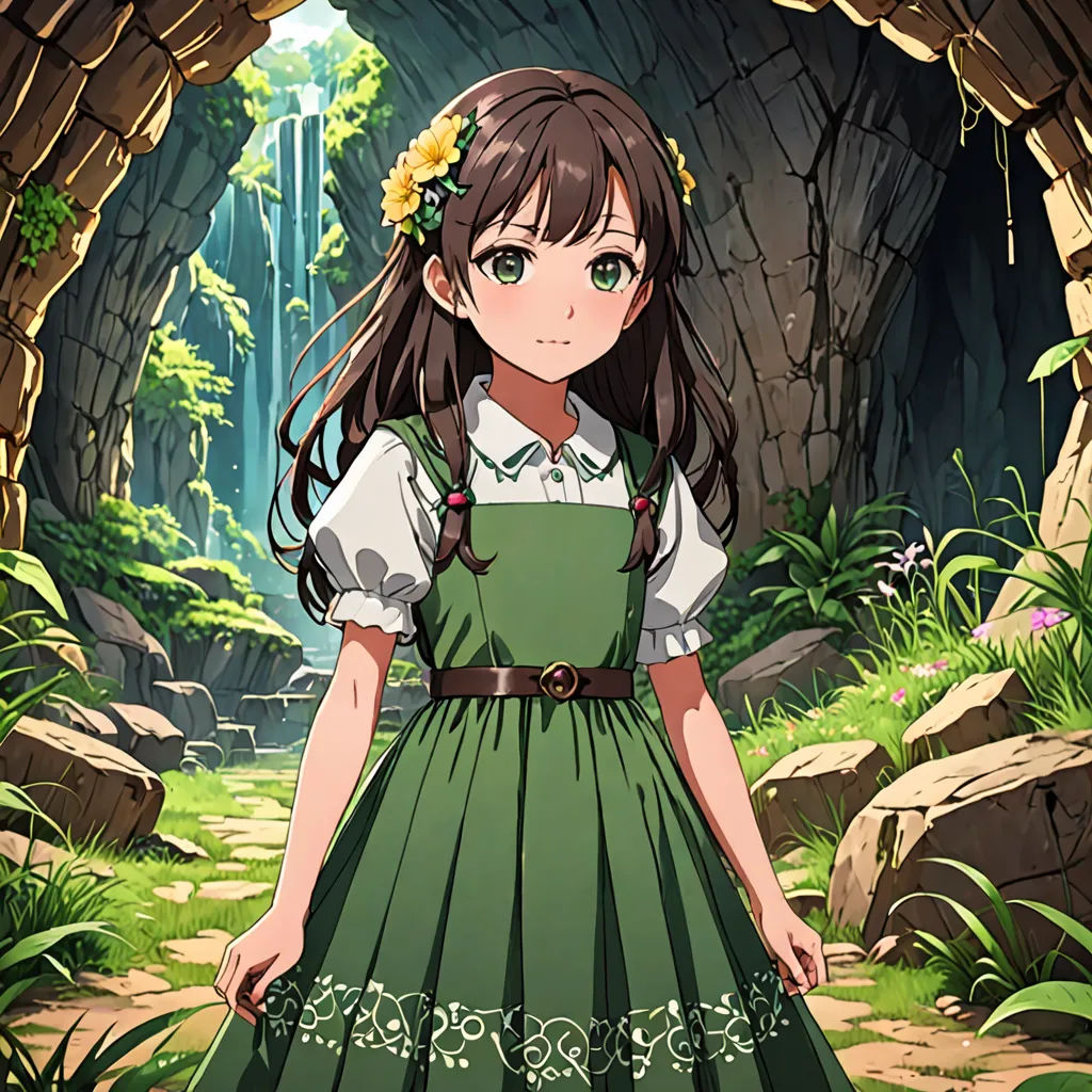 a girl in a green dress standing in a cave with a waterfall in the background and a forest in the background, naturalism, a character portrait, Anne Said, official art