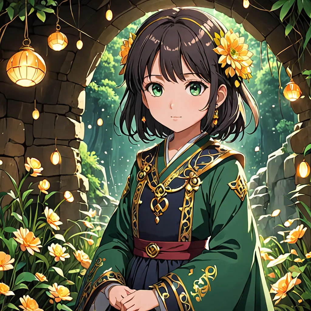 a girl in a green dress standing in a doorway with flowers around her head and a lantern hanging from the ceiling, aestheticism, concept art, Ai-Mitsu, official art