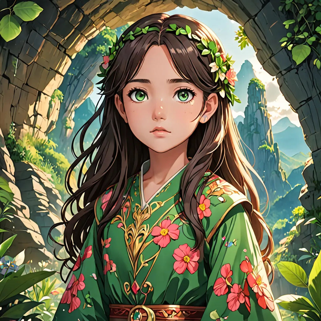 a girl in a green dress standing in a forest with a green background and a stone archway with a doorway leading to a mountain, fantasy art, a character portrait, Artgerm, fantasy character portrait