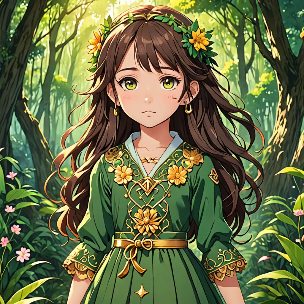 a girl in a green dress standing in a forest with trees and flowers in her hair and a green dress with gold trim, sots art, a character portrait, Anne Said, octopath traveler