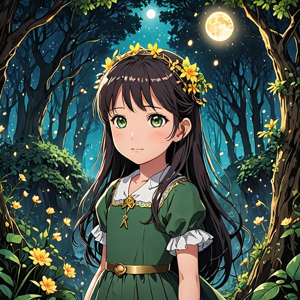 a girl in a green dress standing in a forest with a full moon in the background and flowers in her hair, aestheticism, a character portrait, Anne Said, official art