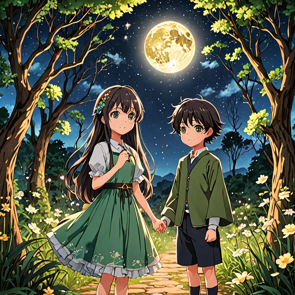 a couple of kids standing next to each other on a road under a full moon sky with trees and flowers, neo-romanticism, an album cover, Anne Said, official art