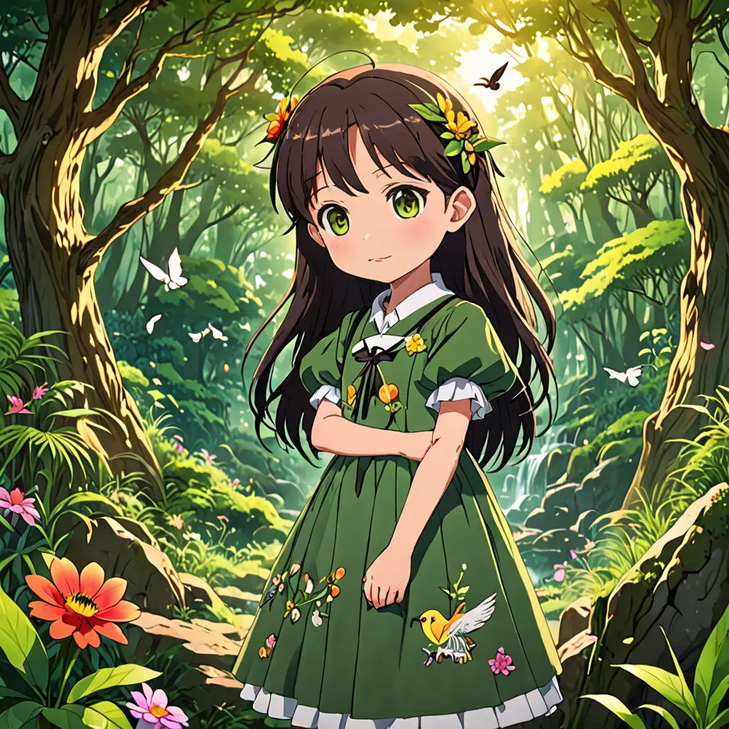 a girl in a green dress standing in a forest with a bird on her shoulder and a bird on her shoulder, rayonism, a character portrait, Anne Said, forest
