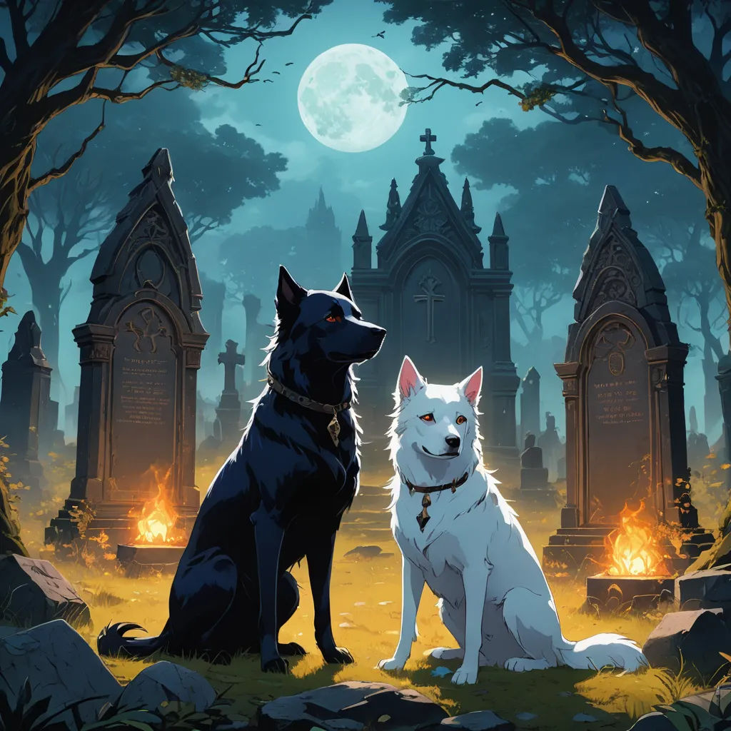 two dogs sitting in front of a cemetery at night with a full moon in the background and a cemetery with tombstones, gothic art, an album cover, Anton Fadeev, key art
