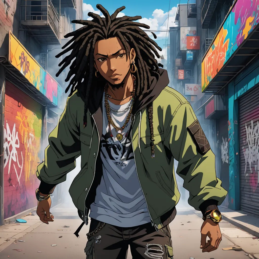 a man with dreadlocks walking down a street in front of graffiti covered buildings and a graffiti covered wall, black arts movement, a character portrait, Cedric Seaut (Keos Masons), anime key visual