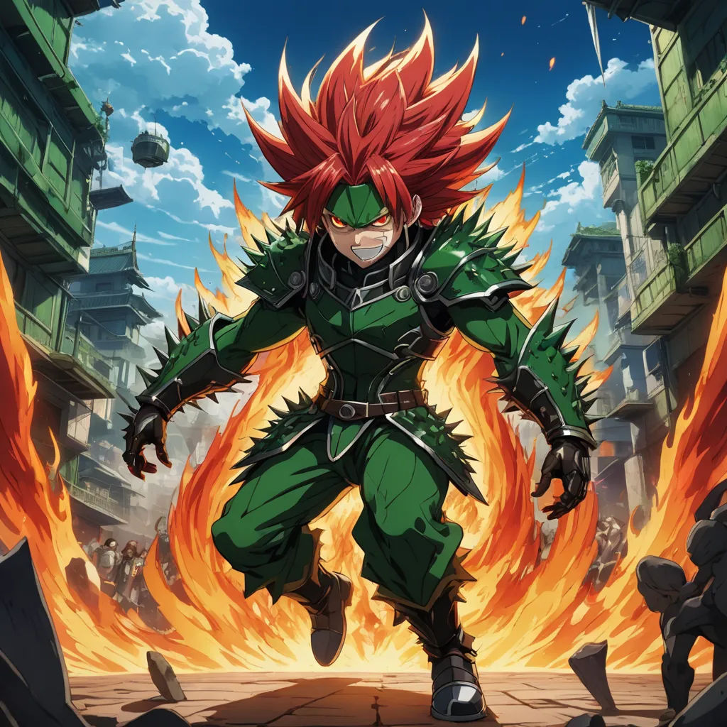 a character in a green outfit with red hair and a sword in his hand, standing in front of a fire, auto-destructive art, concept art, Baiōken Eishun, official art