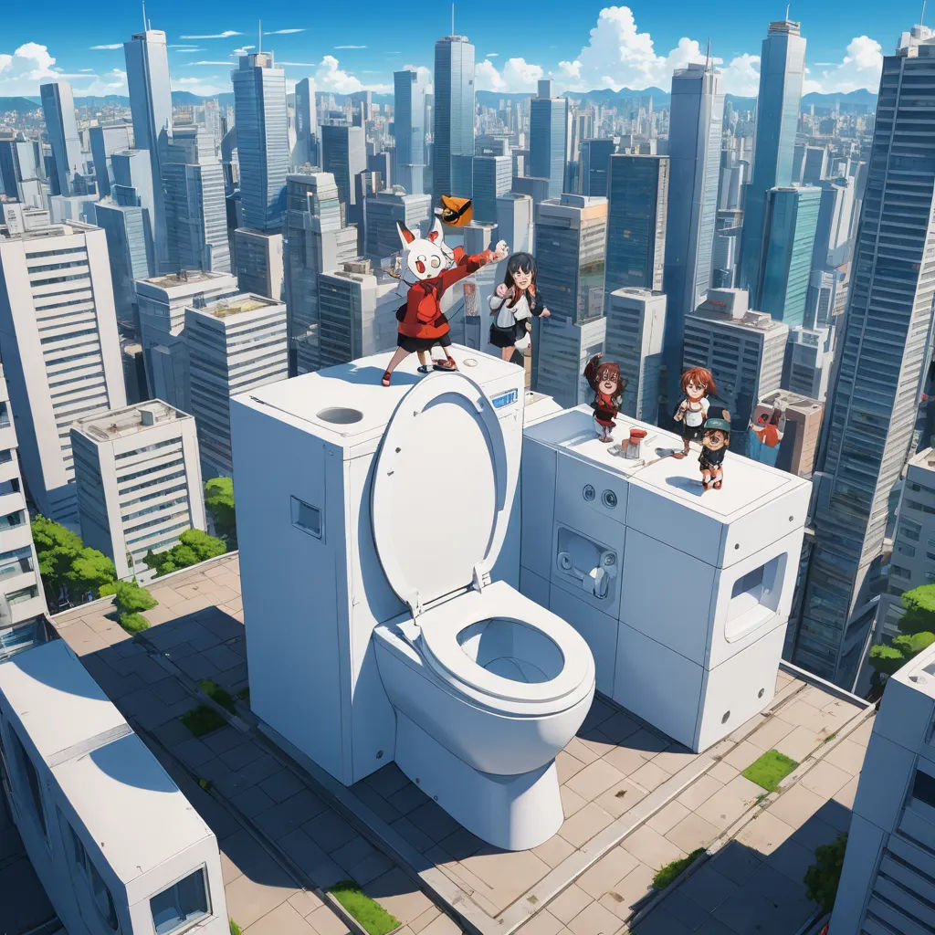 a toilet with a group of people standing on top of it in a city setting with skyscrapers and tall buildings, context art, graffiti art, Chris LaBrooy, official art