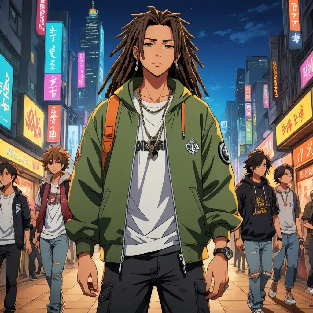 a man with dreadlocks standing in front of a crowd of people in a city at night time, rayonism, a character portrait, Cedric Seaut (Keos Masons), official art