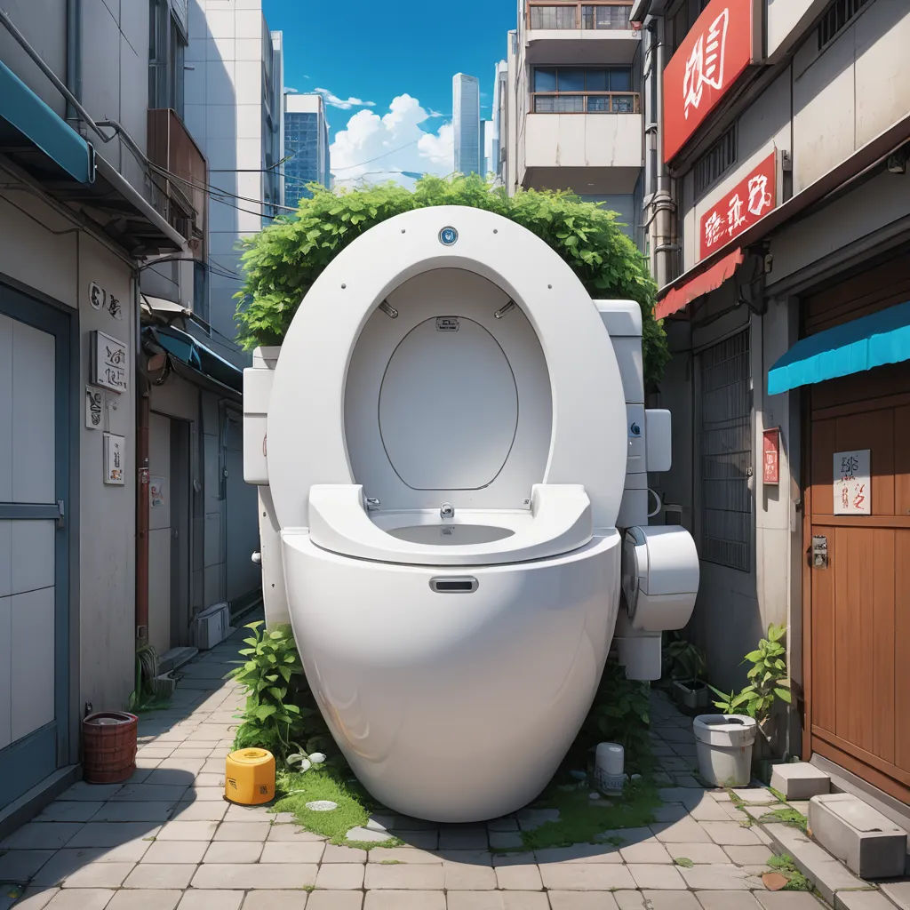 a toilet shaped like a planter in a city alleyway with buildings in the background and a blue sky, photorealism, an ambient occlusion render, Chris LaBrooy, 8 k concept art